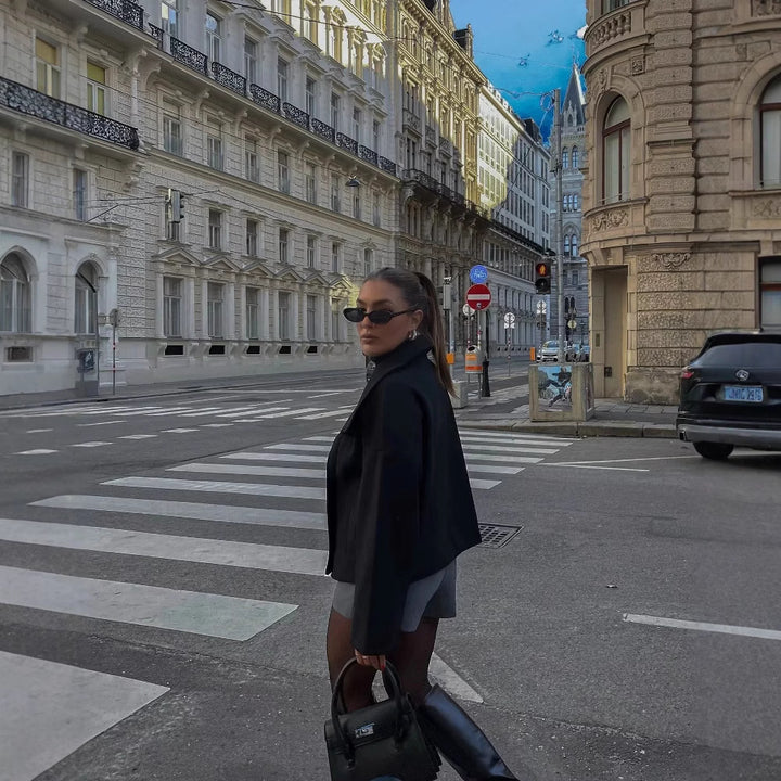 Oversized double-breasted blazer for women with elegant shawl collar and large buttons Lune London