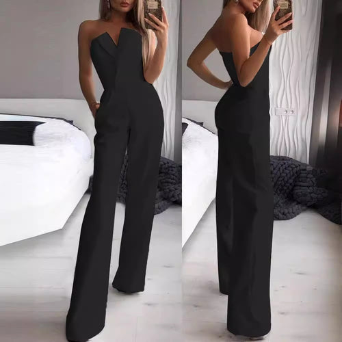 Elegant ladies' jumpsuit with fitted cut and deep V-neck Lune London