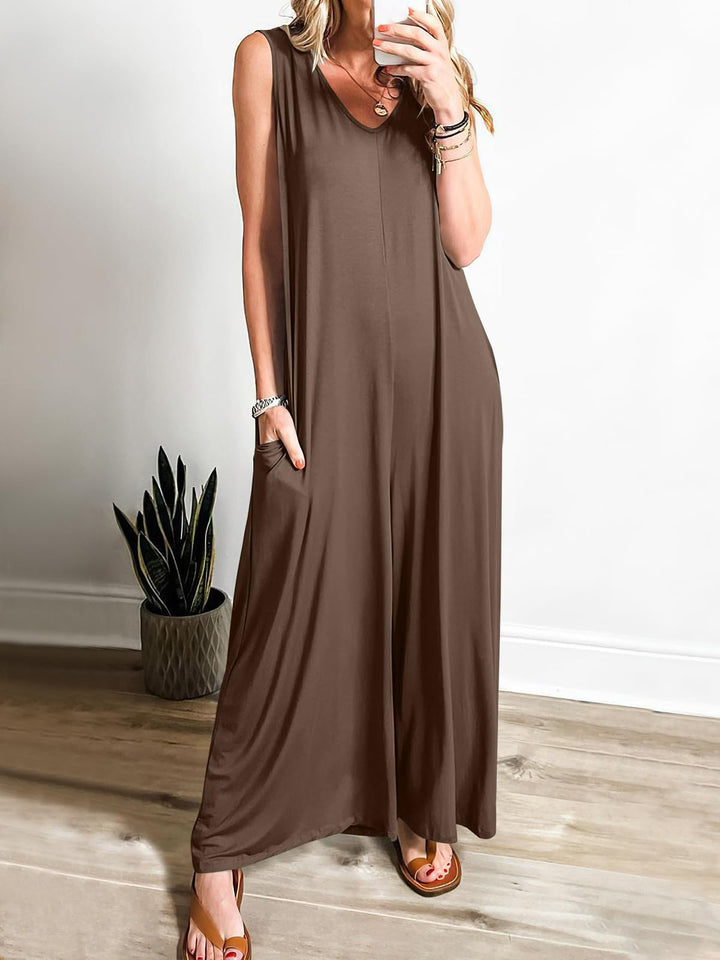 Ladies lightweight jumpsuit with deep V-neck and side pockets Lune London