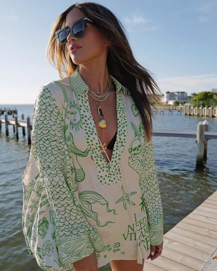 Casual beach blouse for women with an artistic nautical print and an elegant V neckline Lune London