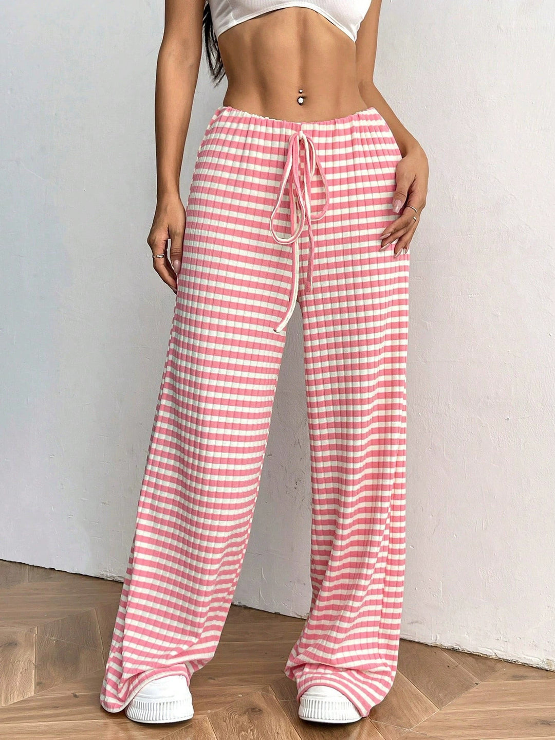 Wide striped palazzo pants in lightweight cotton for women with tie belt Lune London