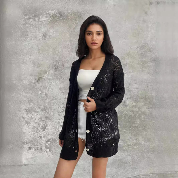 Women's knit jacket with a lovely hole pattern and elegant button details Lune London