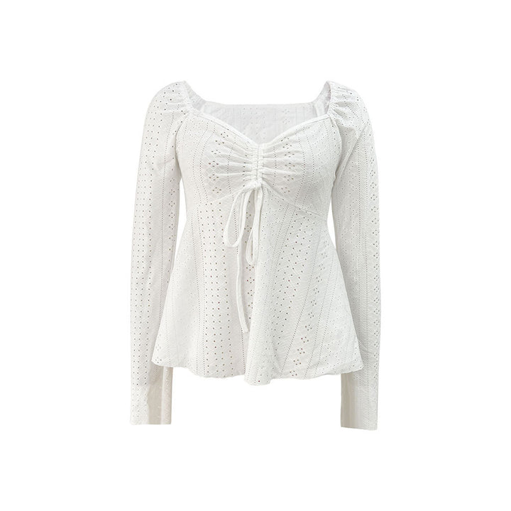 Femme blouse partie avec détails de volants décorés et design de lacets élégant Chic & Stil