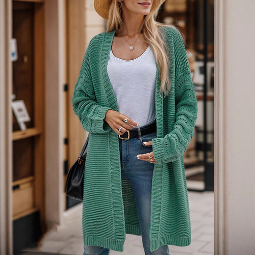 Ladies Long Knit Cardigan with an airy mesh structure and an open front Lune London