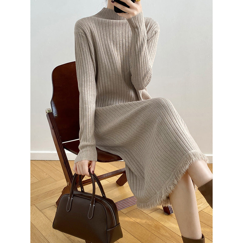 Knit dress for women with high collar and striped pattern Lune London