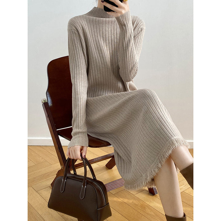 Knit dress for women with high collar and striped pattern Lune London