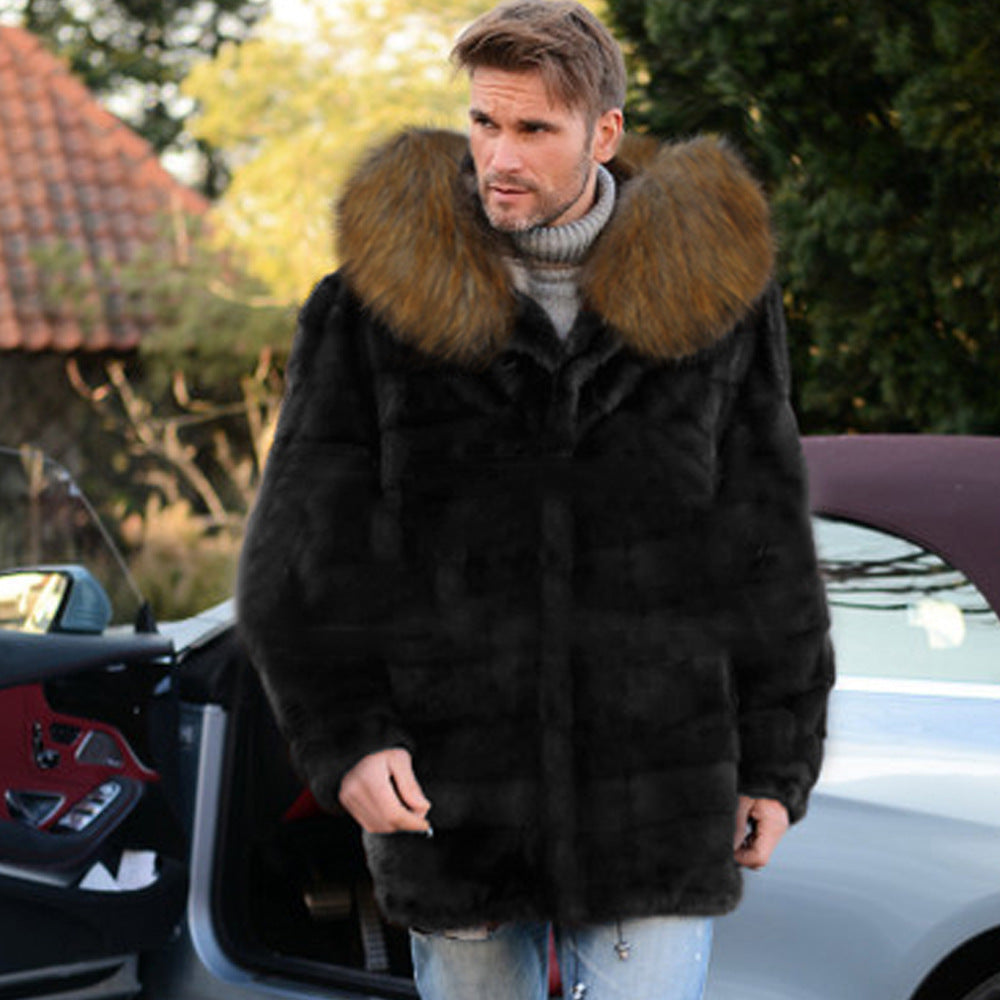 Luxurious faux fur coat for men with voluminous collar and zippered pockets Lune London