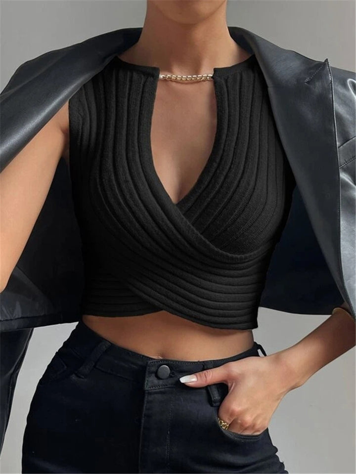 Ladies short knit top with elegant wrap design Lune London