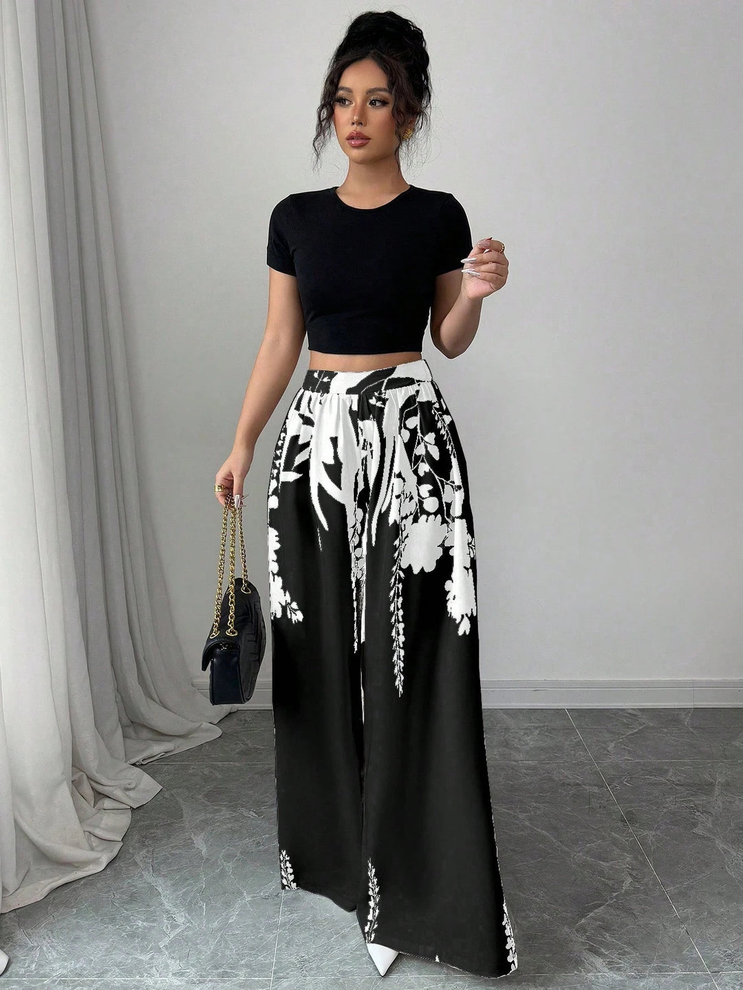 Lune London Floral Print Wide Palazzo Pants Set for Women