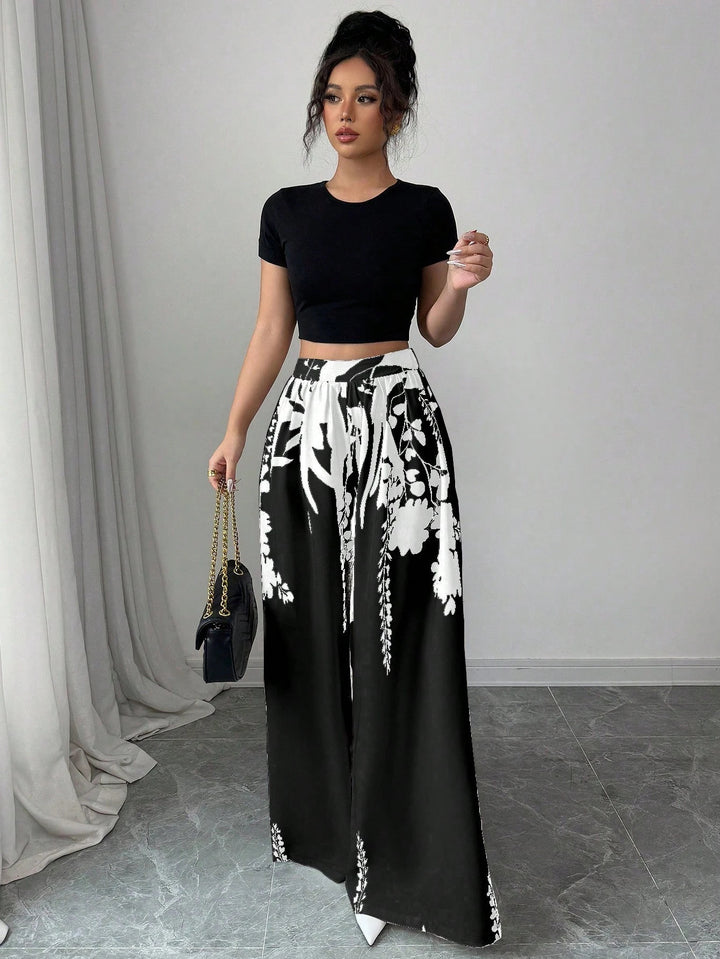 Lune London Floral Print Wide Palazzo Pants Set for Women