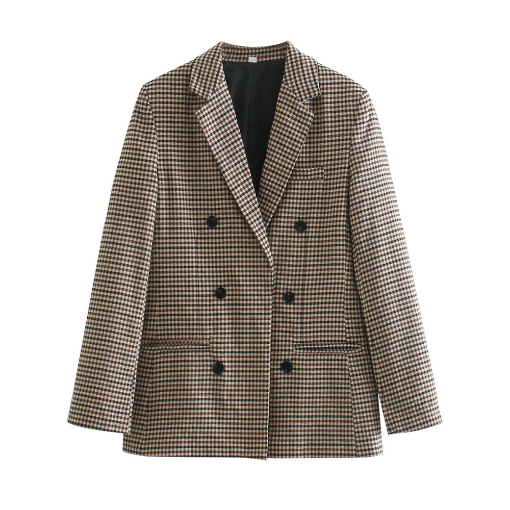 Lune London double-breasted blazer for women with plaid pattern