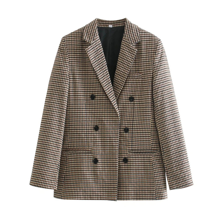 Lune London double-breasted blazer for women with plaid pattern