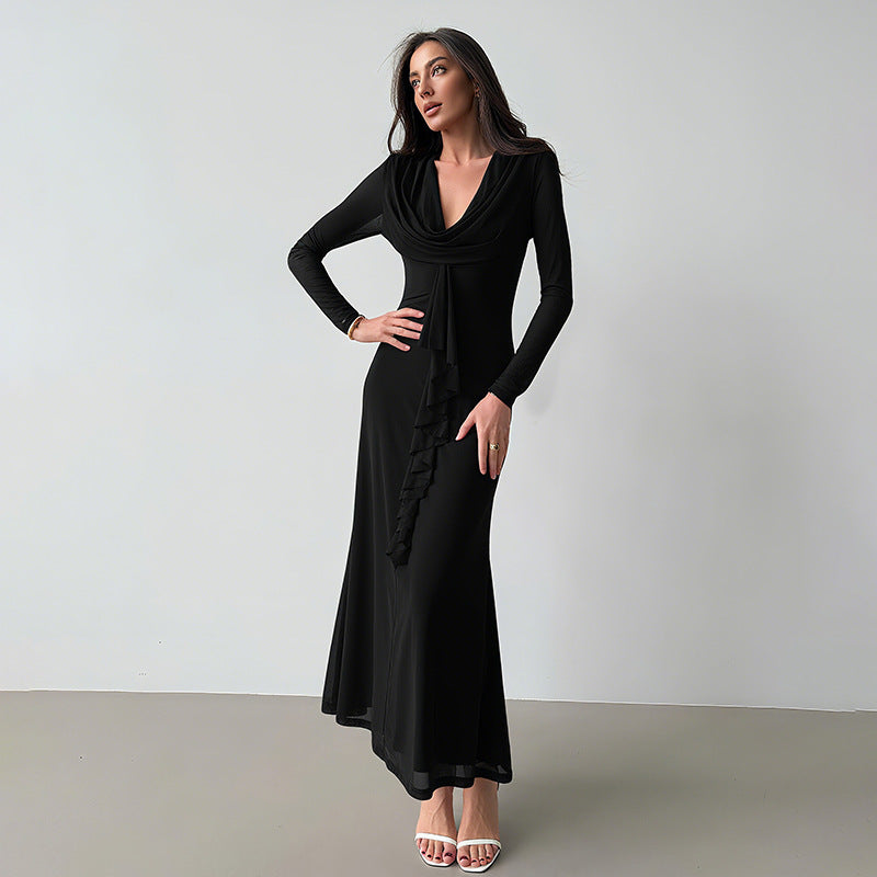 Elegant maxi dress for women with deep V-neckline and ruffle detail Lune London