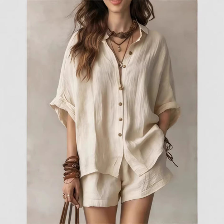Women Casual Linen Set with Button Placket and Practical Pockets Lune London