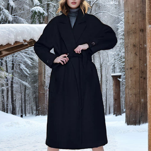 Elegant long coat for women with wide lapels and belt Lune London