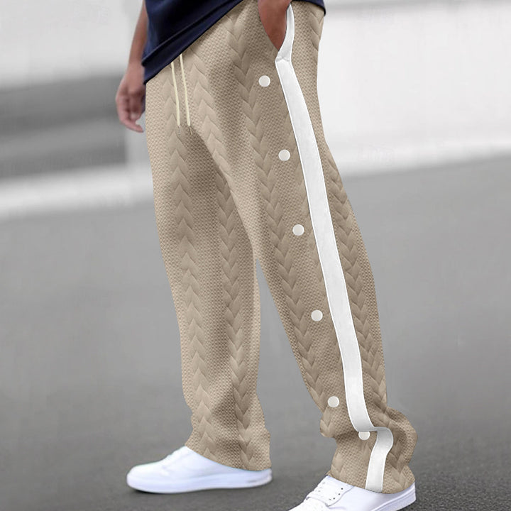 Men's breathable jogger pants with side snap buttons and unique knit design Lune London