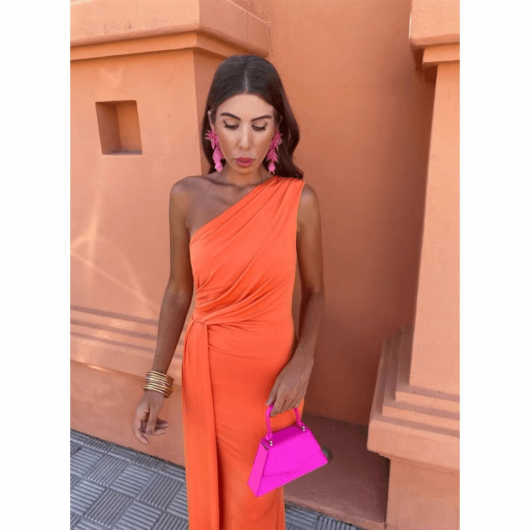 Maxi dress for women with asymmetrical sleeve design and elegant draping Lune London
