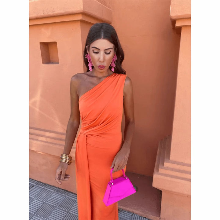 Maxi dress for women with asymmetrical sleeve design and elegant draping Lune London