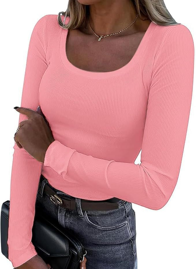 Women’s Long Sleeve Basic Top with Deep Round Neckline and Ribbed Structure Lune London