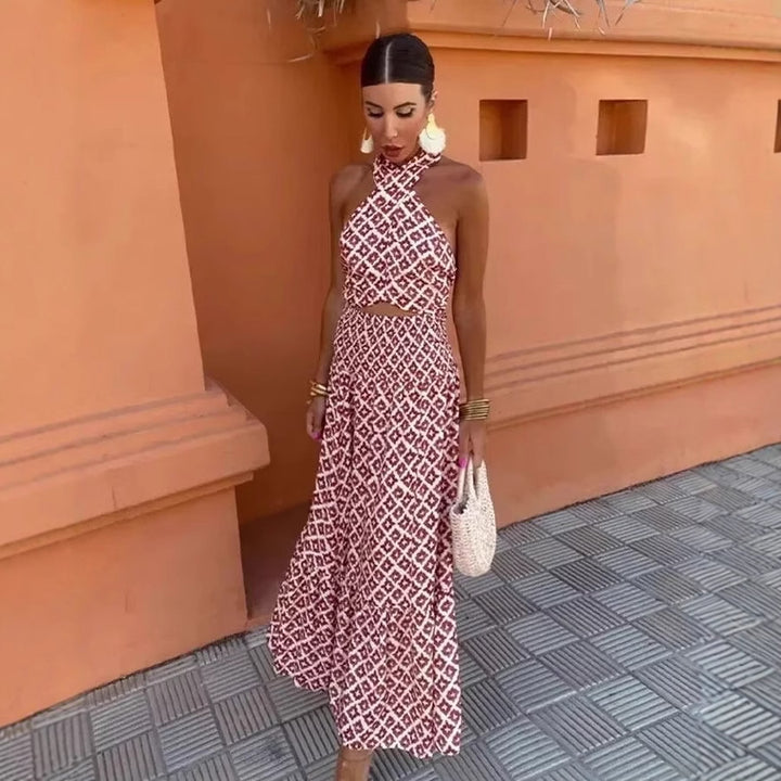 Maxi dress for women with elastic lace hem and playful pattern mix Lune London
