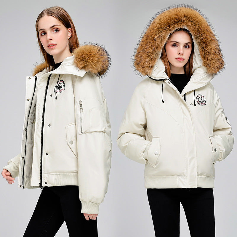Ladies Puffer Sport Jacket with Removable Faux Fur Collar and Practical Chic Style Pockets