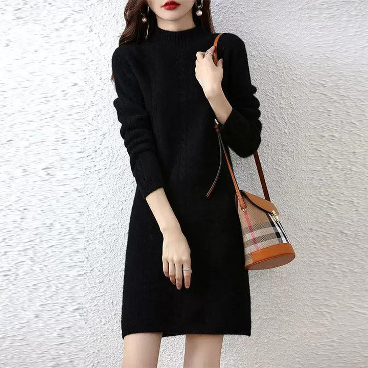 Ladies' knitted dress with elegant braid design and high collar Lune London