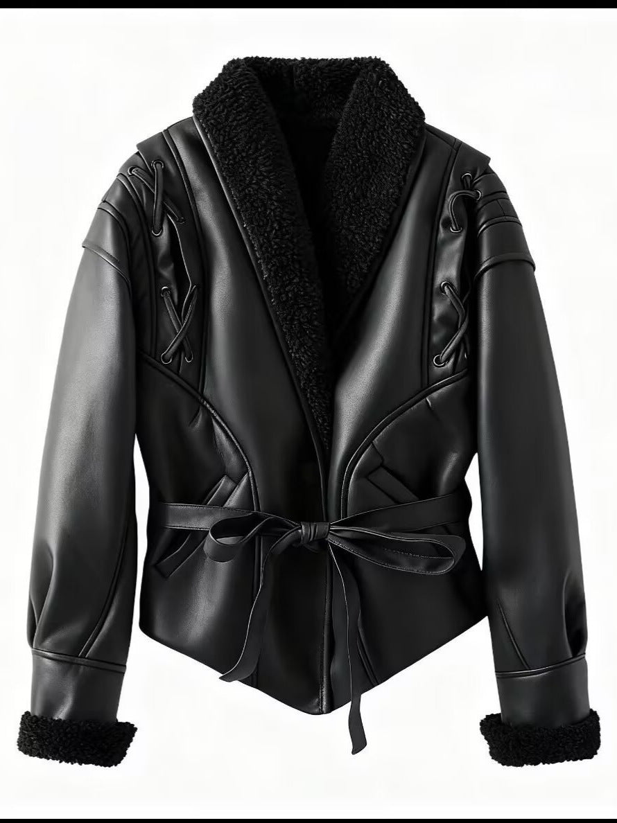 Trendy faux leather jacket for women with soft lining and tie belt Lune London