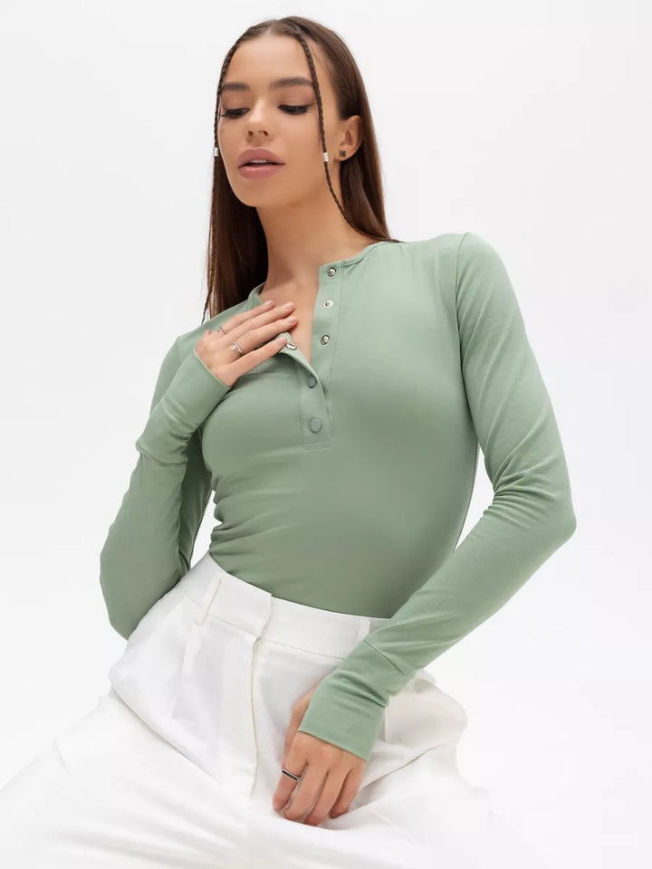 Women Long Sleeve Top with Button Placket and Fitted Cut Lune London