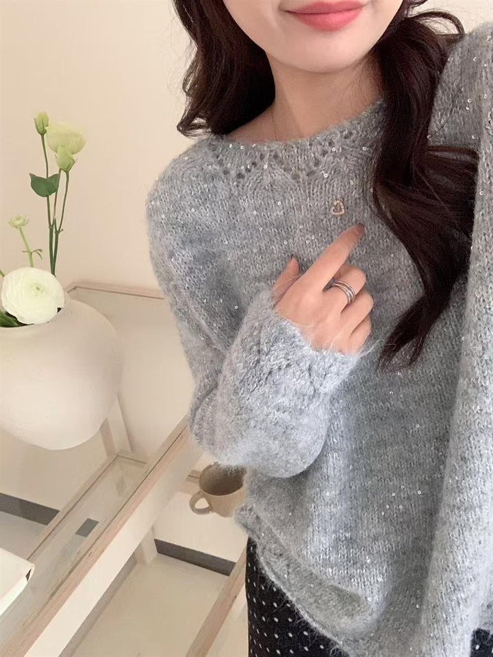 Ladies fluffy knit sweater with shiny accents and relaxed fit Lune London