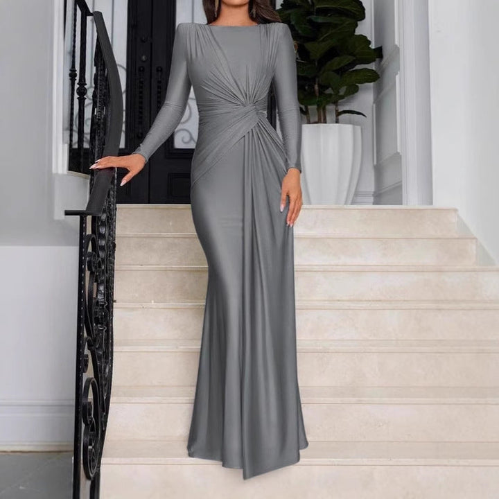Women's Elegant Long Dress with Gathering and High Collar Lune London