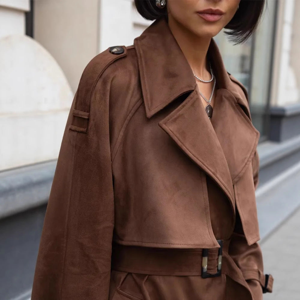 Fashion short jacket for women in biker style with large collar and belt detail Lune London