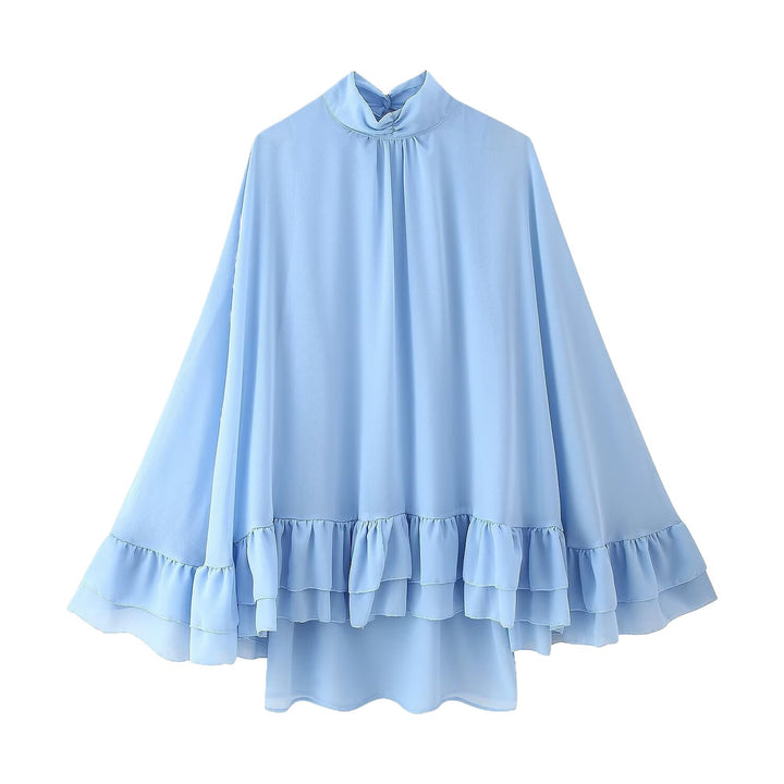 Women's cape top with voluminous ruffle details and high collar Lune London