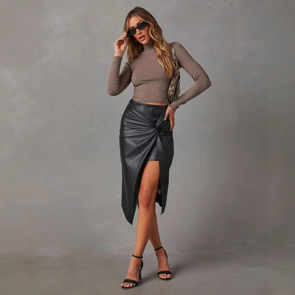 Women's faux leather skirt with asymmetrical cut and decorative knot Lune London
