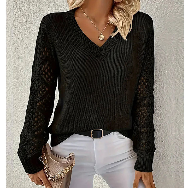 Pull en tricot pour femmes avec un motif de trous sophistiqué et un col en V Chic & Stil
