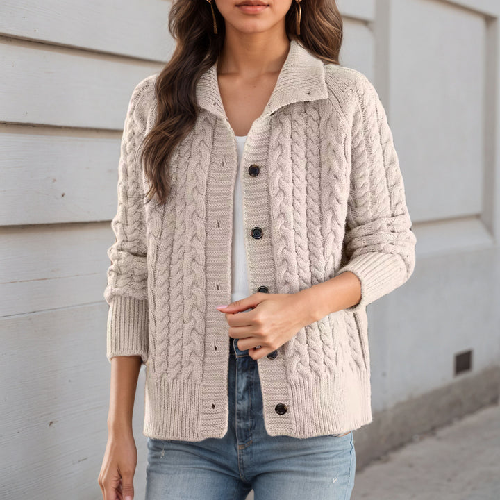 Thick knit jacket for women with decorative braid pattern and practical pockets Lune London