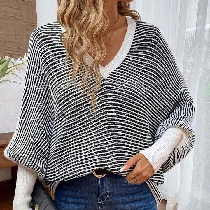Pull en tricot pour femmes au look moderne rayé avec col en V Chic & Stil