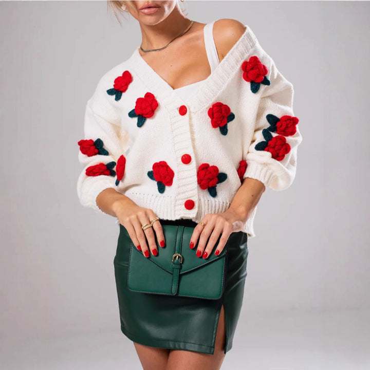 Ladies Cozy Wool Sweater with Floral Applications and Oversized Cut Lune London