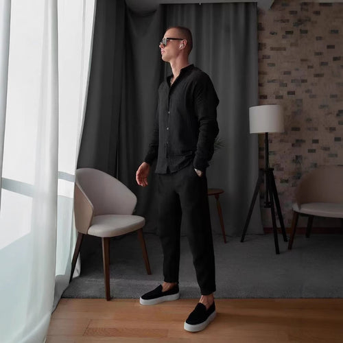 Elegant long-sleeve shirt for men with textured fabric and button placket Lune London