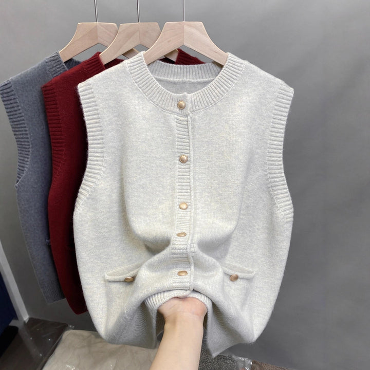 Knit vest for women with button details and practical pockets Lune London