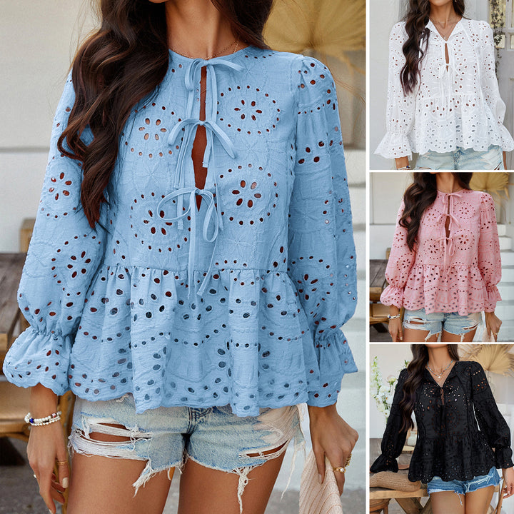 Lace blouse for ladies with ruffle details and chic lacing Style
