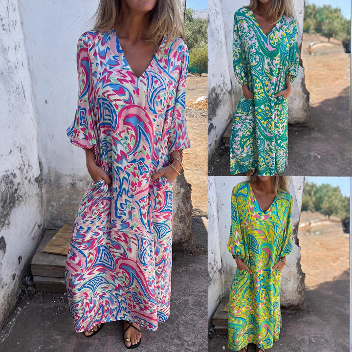 Maxi dress for women with deep V-neckline and casual balloon sleeves Lune London