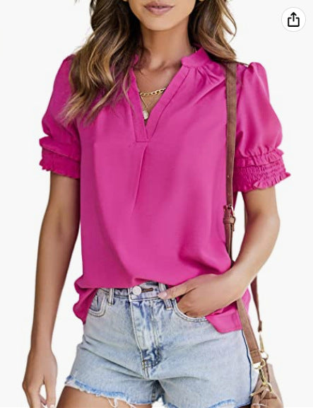 Short-sleeved blouse for women with gathered sleeves and a high collar Lune London