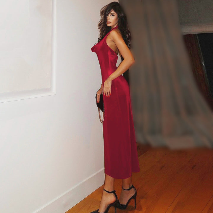 Elegant long satin dress for women with fitted cut and flared skirt Lune London