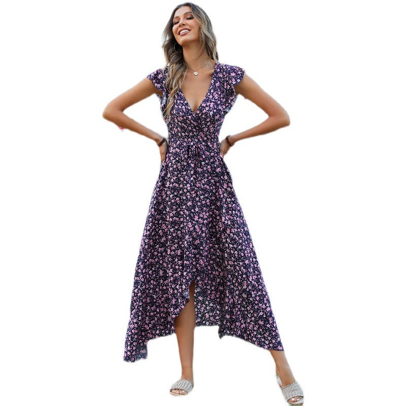 Lune London women's maxi dress with fluid sleeves and floral height difference
