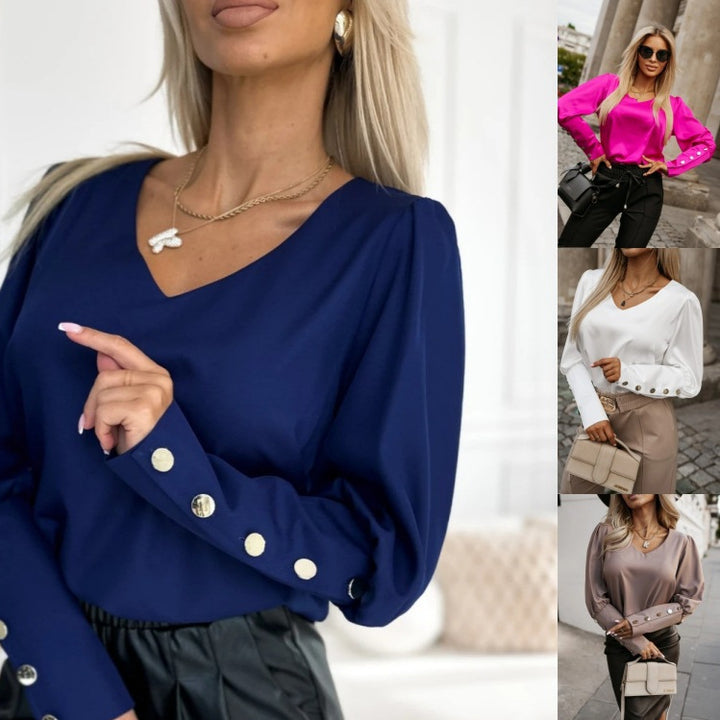 Ladies' blouse with trendy puff sleeves and decorative button details Lune London