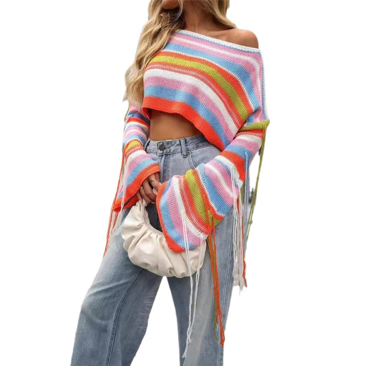 Lady Crop-top with colorful stripes and fringed sleeves Chic und Style