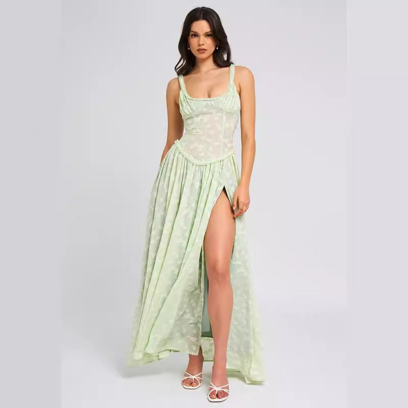 Women Floor-Length Lace Dress with Transparent Inserts and Refined Slit Lune London