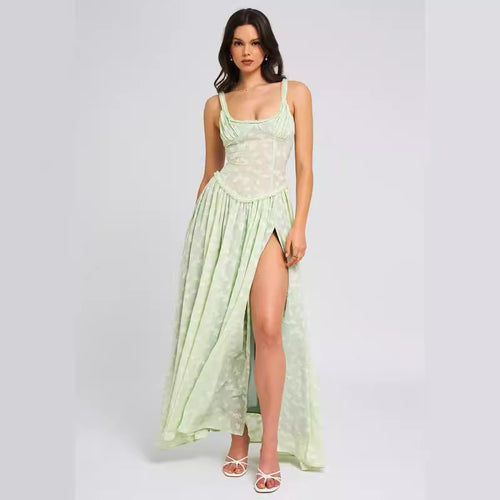 Women Floor-Length Lace Dress with Transparent Inserts and Refined Slit Lune London