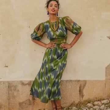 Maxi dress for ladies with elegant gather and modern puff sleeves Lune London