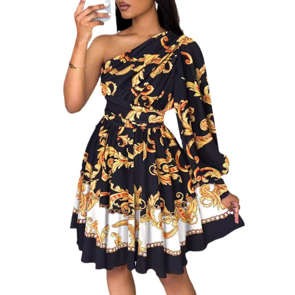 Asymmetrical A-line dress for women with decorative print Lune London